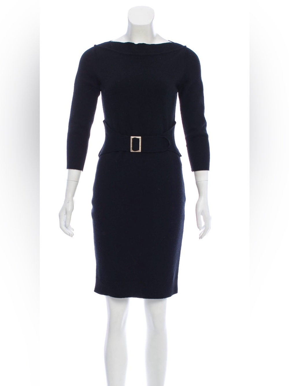 CHANEL Navy Belted Midi Knit Dress with Gold Buckle
